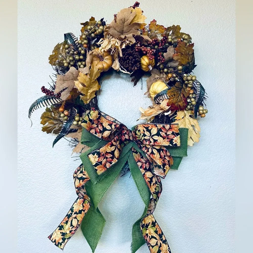 Gold Brown Rustic Fall Autumn Burlap Ribbon Leaves Wreath